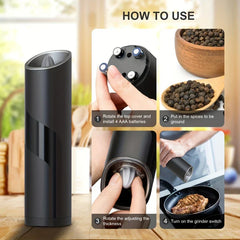kaffeebohnenmühle - Vierschrittige Gebrauchsanleitung für eine elektrische Gewürzmühle mit Batterieeinbau, Hinzufügen von Gewürzen, Einstellen des Mahlgrads und Betrieb über einer Pfanne