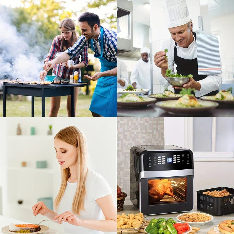 Coffee Bean Grinder - Four-panel collage showing people cooking and plating food, plus a kitchen counter with an air fryer and prepared dishes.