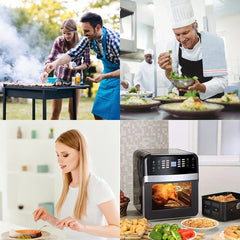 Coffee Bean Grinder - Four-panel collage showing people cooking and plating food, plus a kitchen counter with an air fryer and prepared dishes.