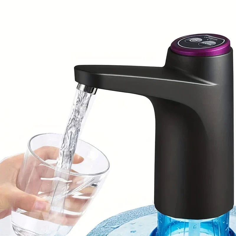 Water Pump Dispenser - Dispenser mounted on a blue water jug pouring water into a hand-held clear glass