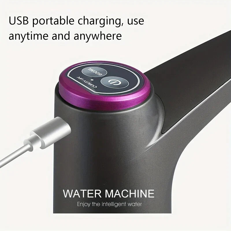 Water Pump Dispenser - Water dispenser with charging cable plugged in, showing USB port and control panel