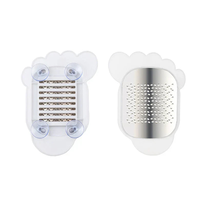 Manual Foot File Callus Remover - Two-sided foot care tool showing coarse blade side with suction cups and perforated smoothing side, foot-shaped white plastic frame
