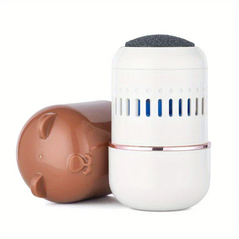 Manual Foot File - Foot care tool with white body, rose gold accent, and brown bear-shaped protective cap, abrasive filing surface exposed