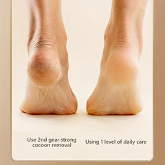 Manual Foot File - Comparison of two human heels: left dry rough textured, right smooth soft skin, with text labeling each.