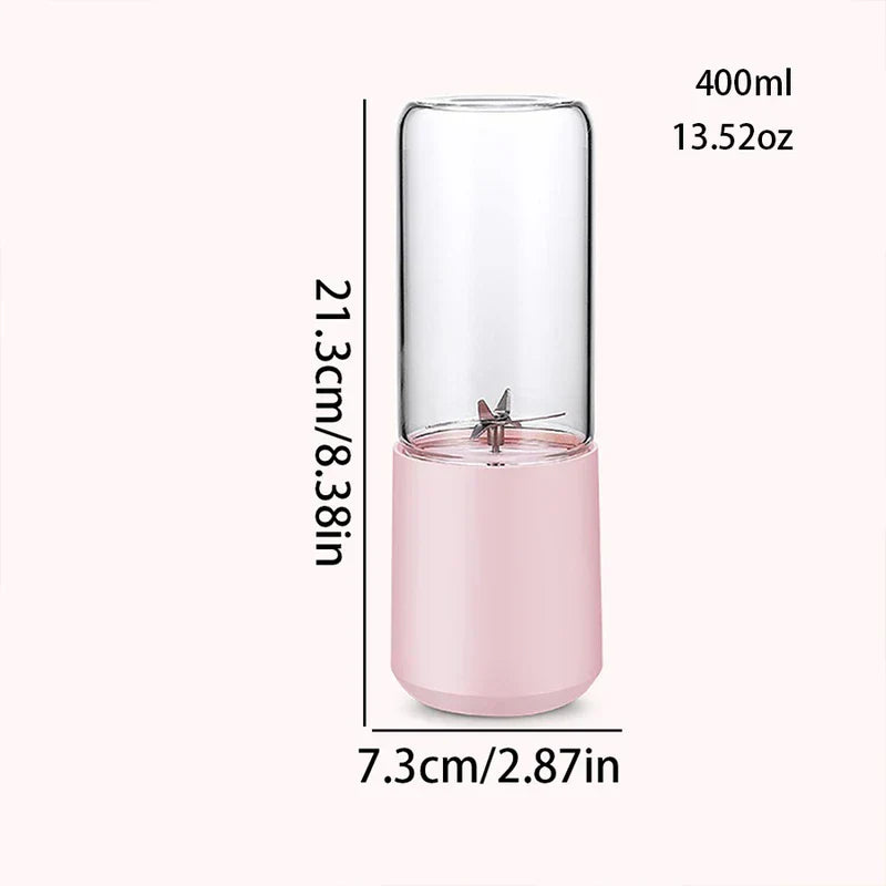 Pink portable blender dimensions 400ml 21.3cm tall 7.3cm wide glass cup