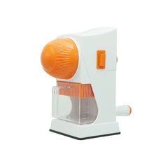 Fruit Juicer - White and orange hand crank juicer with clear collection cup, shown against a plain white background