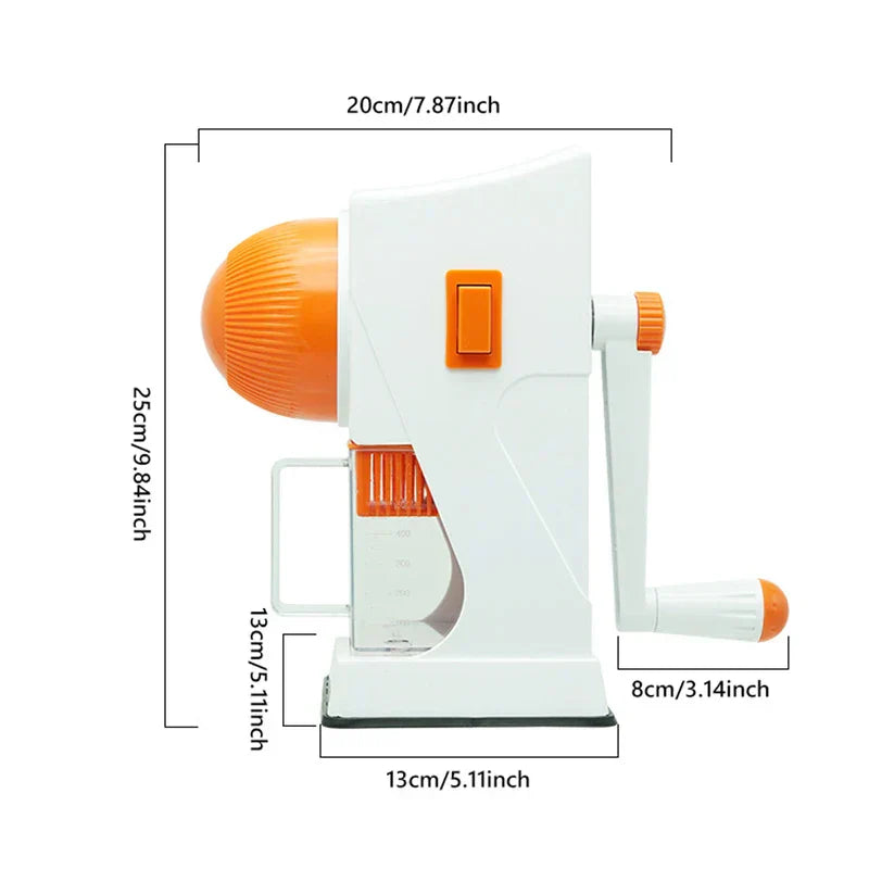 Fruit Juicer - Manual citrus juicer with dimension labels marked in centimeters and inches on a white background.