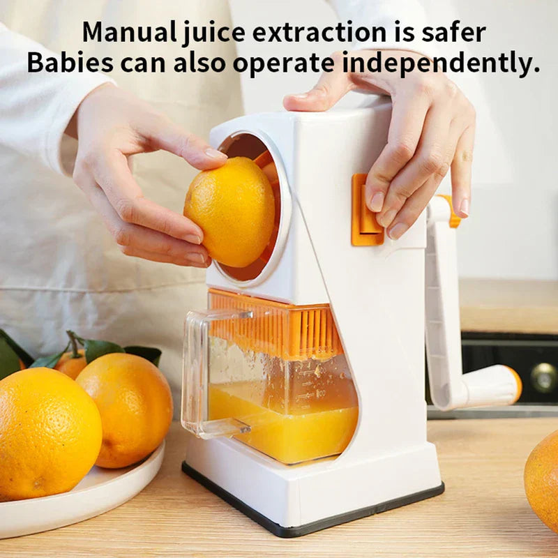 Fruit Juicer - Person placing a halved orange into a manual juicer, with whole oranges on the counter beside the appliance.