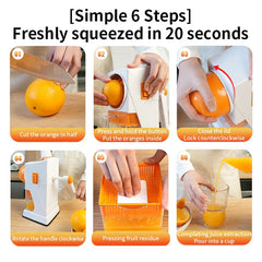 Fruit Juicer - Six-step instructional sequence showing how to use the manual juicer to make fresh orange juice.