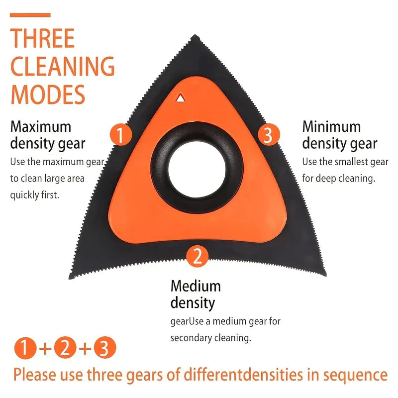 Brush - Diagram labeling three serrated edge density modes for sequential fabric cleaning