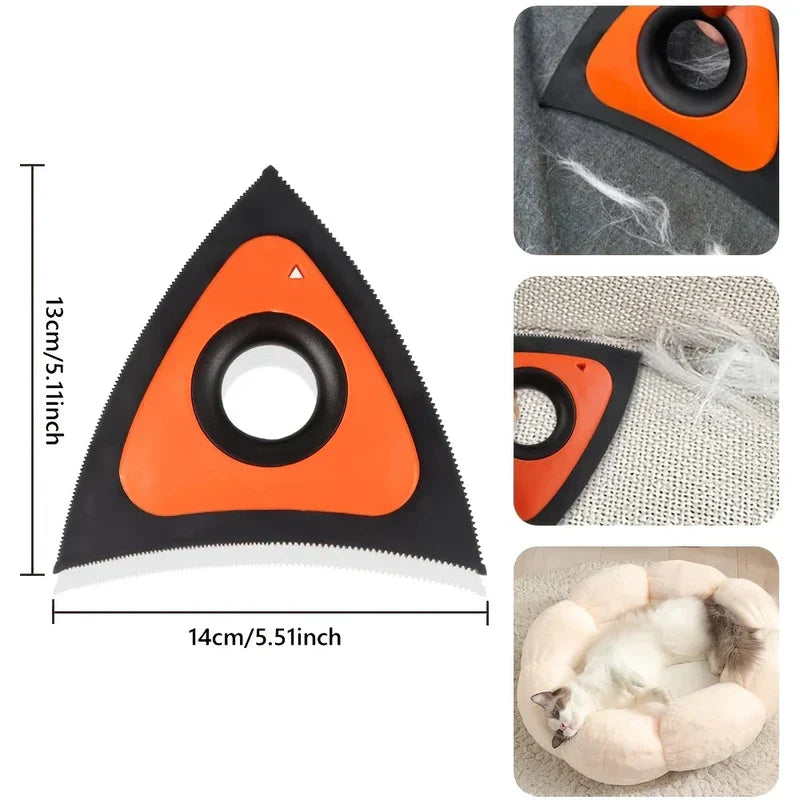 Brush - Triangular pet hair remover tool with size dimensions, shown scraping fur from fabric alongside a cat in a pet bed.