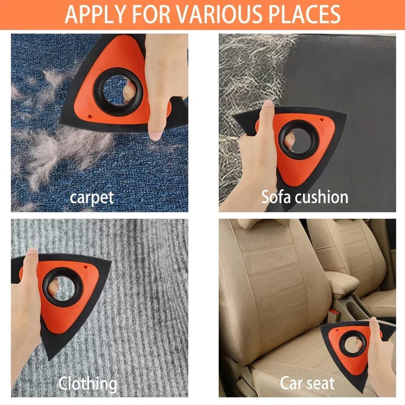 Brush - Triangular pet hair scraper being used on four different textured surfaces: carpet, sofa cushion, ribbed fabric, and car seat.