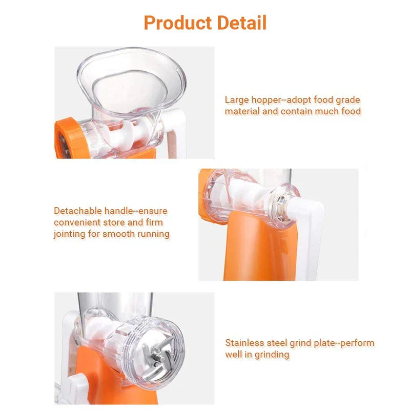 Mincer - Diagram showing three close-up details of a manual kitchen grinder with orange and clear plastic parts, each paired with descriptive text labels.