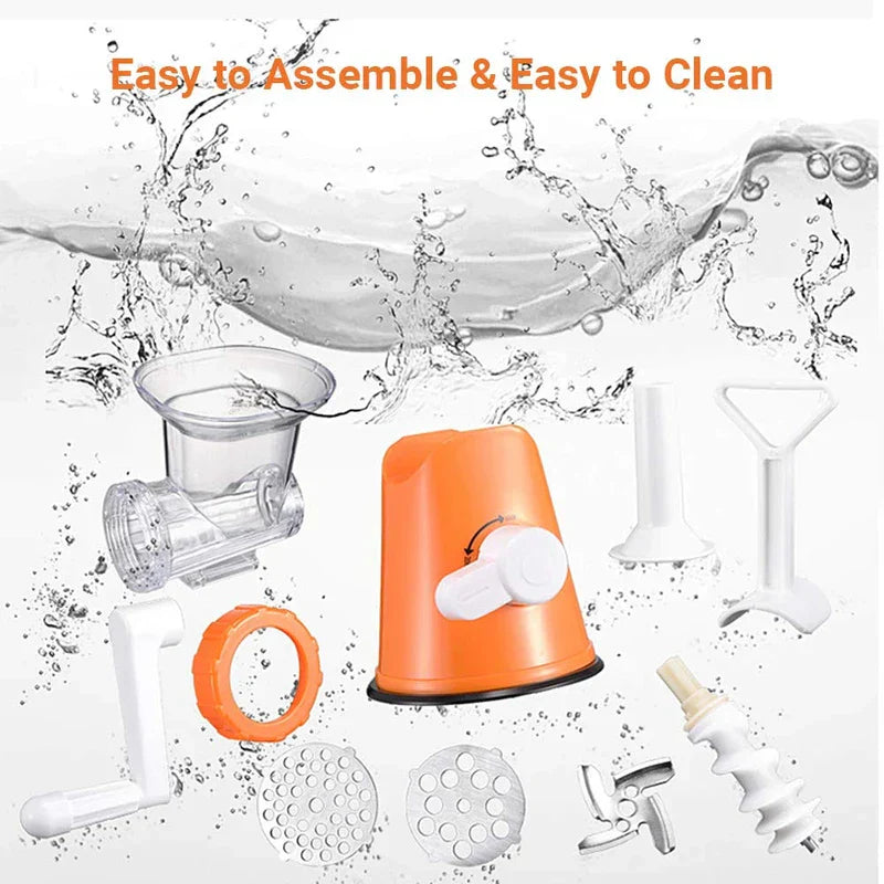 Mincer - All disassembled components of a manual grinder laid out against a white background with water splashes, below an Easy to Assemble & Easy to Clean title.