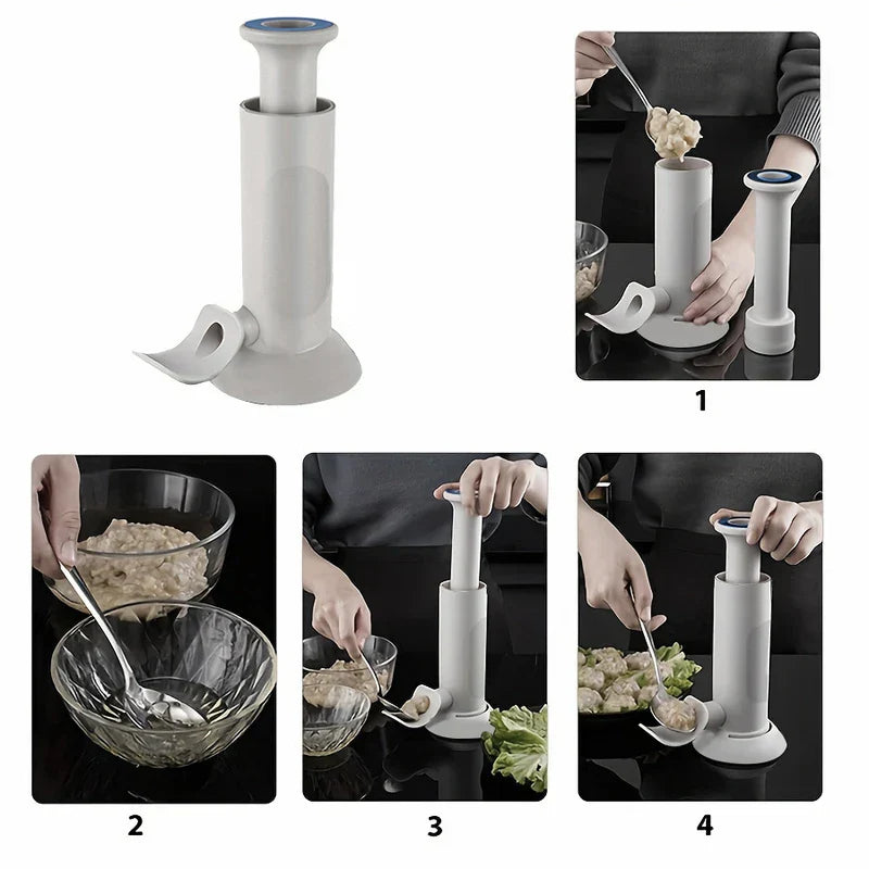 Manual Meat Grinder - Manual kitchen tool with a curved side spout, shown in four steps: filling with mixture, pressing the plunger to dispense formed portions into a bowl.