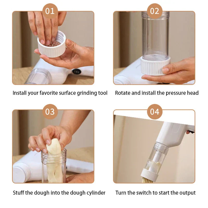 Manual Pasta Maker - Four step-by-step photos showing assembly, dough loading, and operation of the white handheld noodle maker.