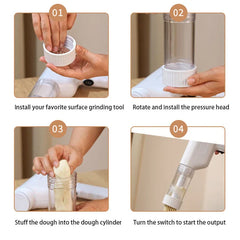 Manual Pasta Maker - Four step-by-step photos showing assembly, dough loading, and operation of the white handheld noodle maker.