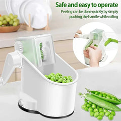 Manual Pea Sheller - Device placed on kitchen countertop, inset demonstrating feeding a pea pod into the roller mechanism