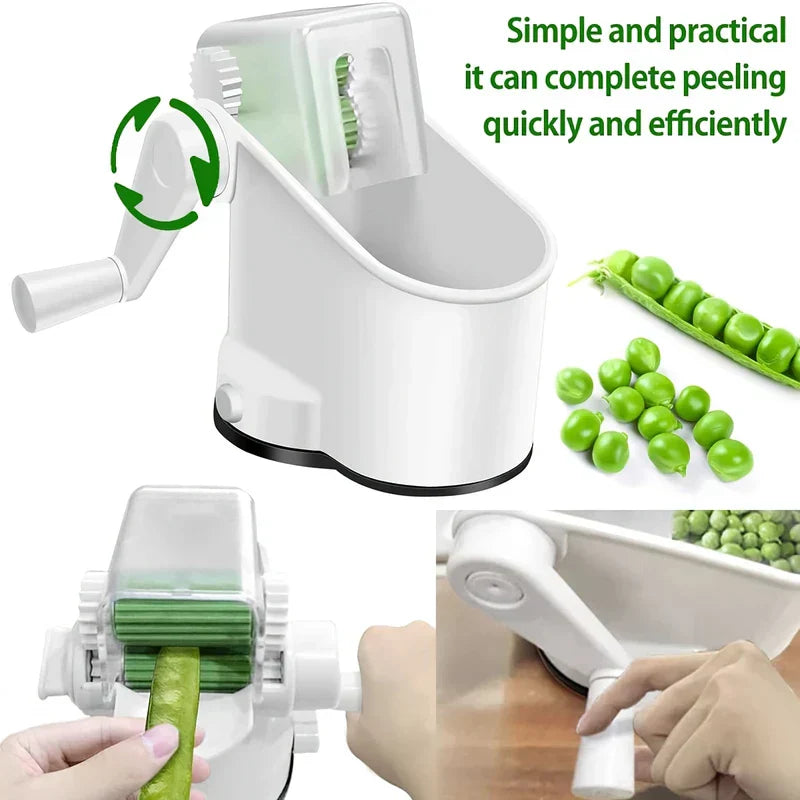 Manual Pea Sheller - Collage showing crank rotation direction, close-up of roller feeding a pea pod, and suction base securing the device to a countertop