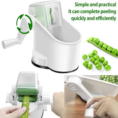 Manual Pea Sheller - Collage showing crank rotation direction, close-up of roller feeding a pea pod, and suction base securing the device to a countertop