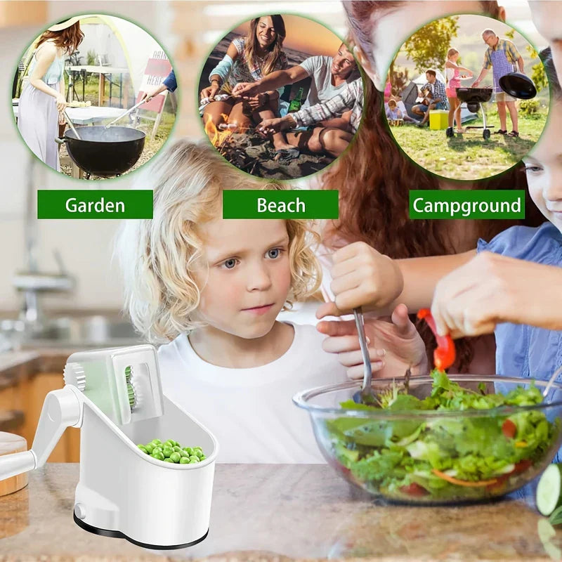Manual Pea Sheller - Rotary pea sheller sitting on kitchen counter beside child helping prepare salad in glass bowl, with garden/beach/campground use vignettes above