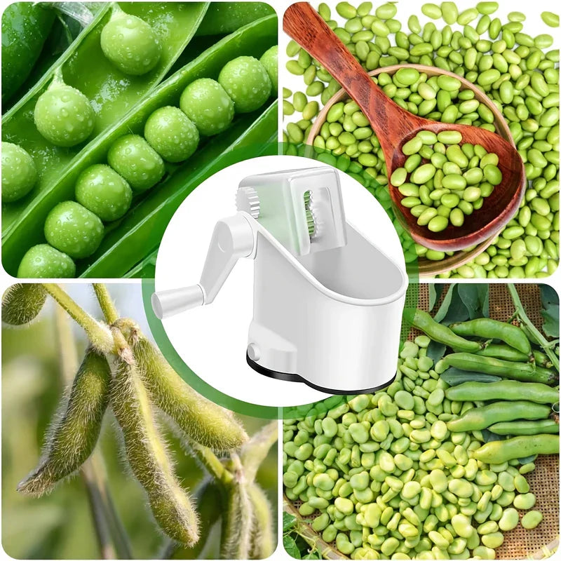 Manual Pea Sheller - Manual white hand-crank pea sheller centered, surrounded by four photos of whole and shelled green peas/edamame