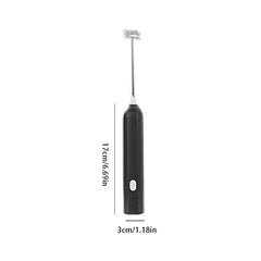 Whisk Mixer - Black handheld electric milk frother shown against white background, with length 17cm and width 3cm dimension labels displayed