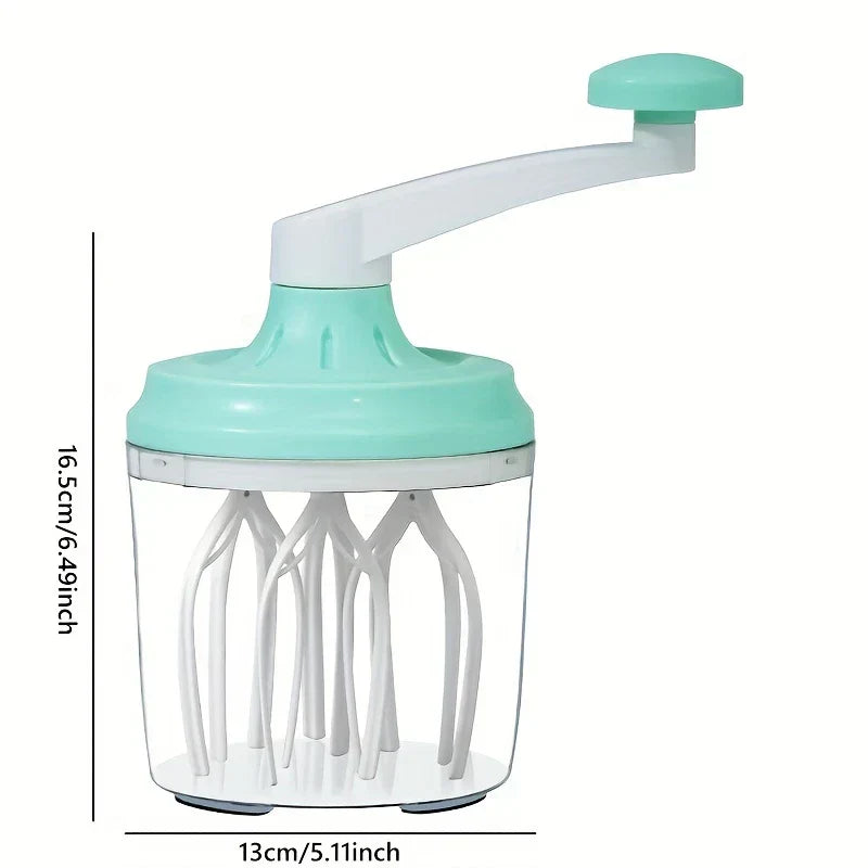Manual Rotary Hand Whisk Egg Beater - Manual rotary whisk product with dimension markings, showing clear plastic body, mint green lid, white crank handle and inner mixing prongs.