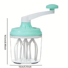 Manual Rotary Hand Whisk Egg Beater - Manual rotary whisk product with dimension markings, showing clear plastic body, mint green lid, white crank handle and inner mixing prongs.