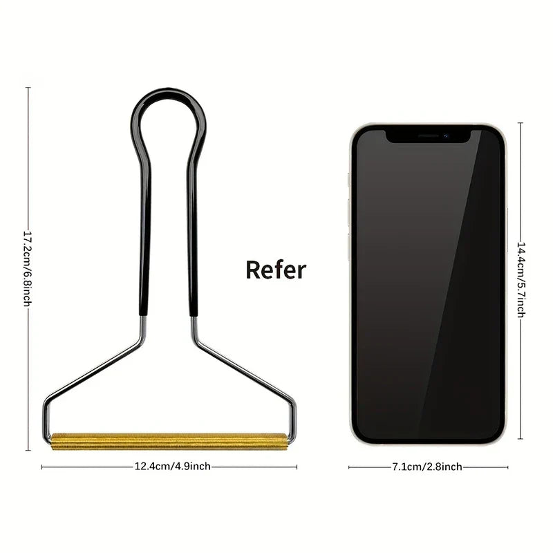 Fabric Shaver - Portable manual lint remover beside a smartphone, with length and width dimension labels for size reference.