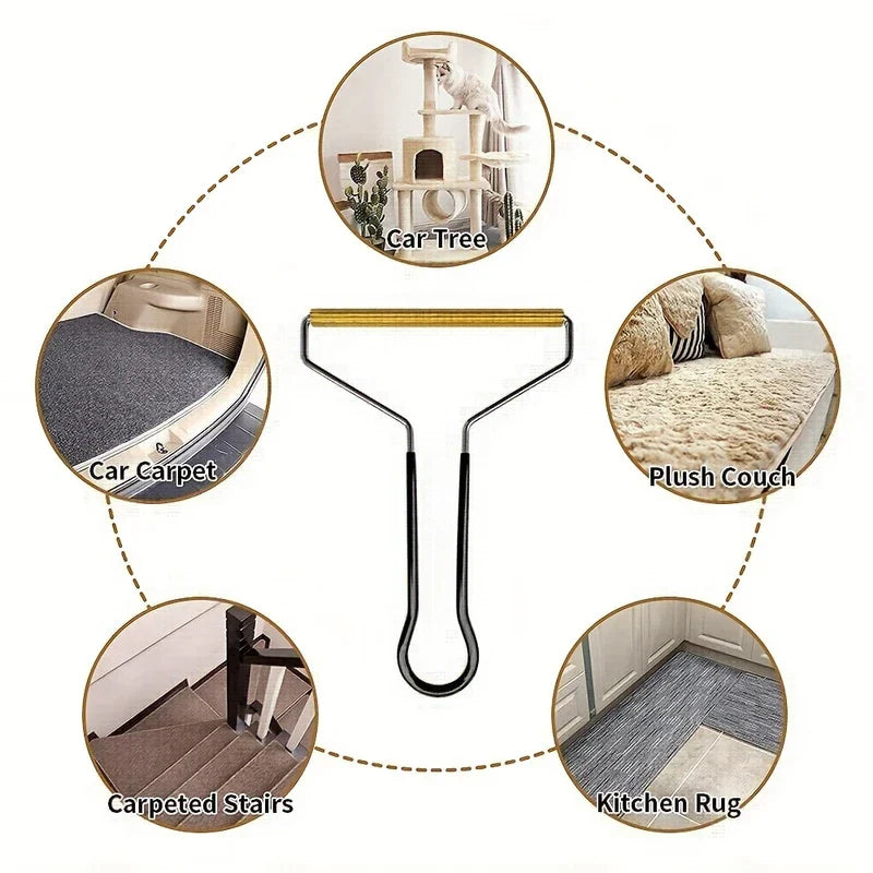 Fabric Shaver - Manual lint remover in center, surrounded by five circular insets showing its use on different fabric surfaces.