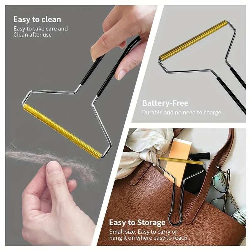 Fabric Shaver - Three-panel image showing the lint remover being cleaned, angled to show its structure, and placed in a handbag for storage.