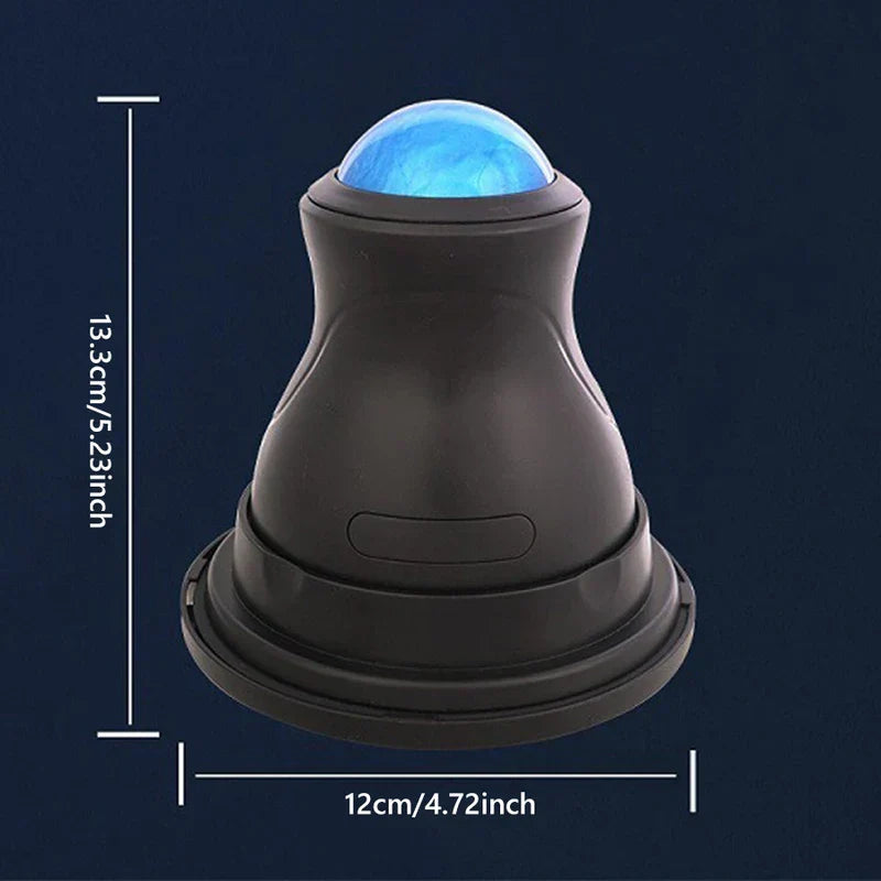 Therapie-Werkzeug - Schwarze Massagerolle mit blauem Massageball, Höhe 13,3 cm und Basisbreite 12 cm, auf dunkelblauem Hintergrund