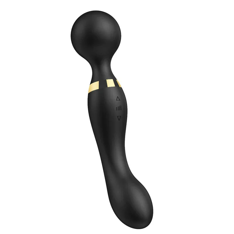 Massage Stick Roller - Black handheld muscle therapy tool with rounded massage head, gold accent band, and three control buttons on the ergonomic handle