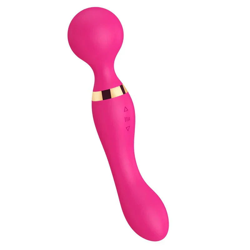 rodillo de masaje con palo - Masajeador personal magenta con cabezal redondeado, mango curvo, banda decorativa dorada y tres botones de control en el mango