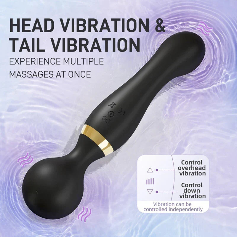 Massage Stick Roller - Dual-end vibration muscle therapy tool with independent head and tail vibration controls, shown with vibration effect graphics