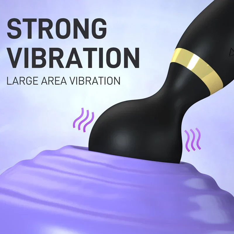 Massage Stick Roller - Rounded massager head pressing purple textured surface, text notes strong large area vibration with wavy motion lines