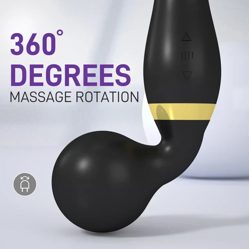 rodillo de masaje con palo - Primer plano de un masajeador personal negro que muestra su cabezal curvo, banda decorativa dorada y botones de control, con texto de rotación de 360 grados