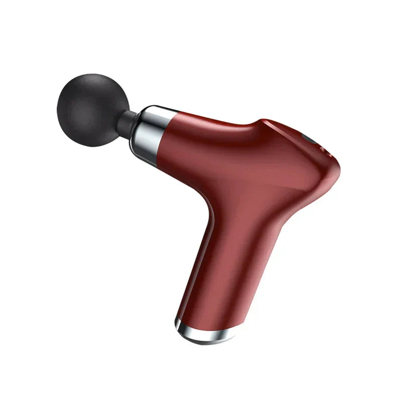 Magnetic Heads - Angled view of a red mini massage gun with a round massage head, white background
