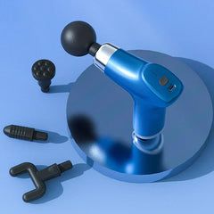 Magnetic Heads - Blue handheld massage device displayed with three additional attachment heads on a light blue surface
