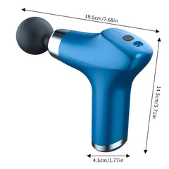Magnetic Heads - Blue handheld massage gun with spherical attachment, showing length, height, and grip width dimension markings.