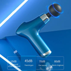 Magnetköpfe - Blaue Massagepistole mit kugelförmigem Kopf in Vibration, darunter ein Vergleichsdiagramm der Lautstärkepegel.