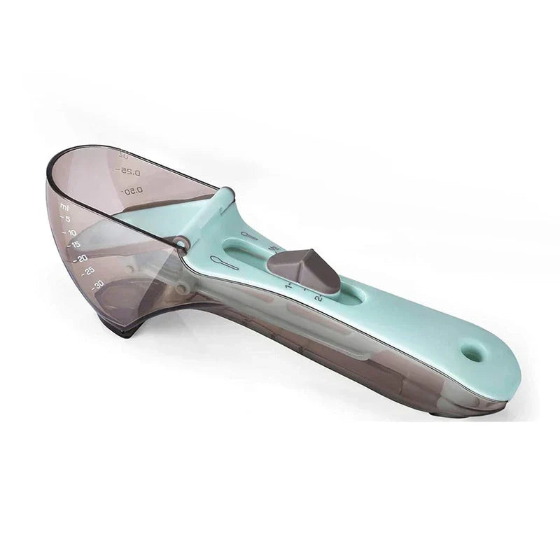 Kitchen Tool - Adjustable measuring spoon with translucent marked scoop and light blue handle with sliding indicator, side view on white background