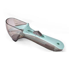Kitchen Tool - Adjustable measuring spoon with translucent marked scoop and light blue handle with sliding indicator, side view on white background