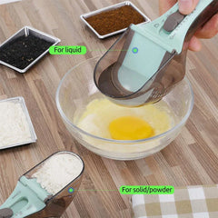 Kitchen Tool - A hand holds a large adjustable measuring scoop over a glass bowl with egg; a smaller flour-filled scoop sits on the table, with labeled use indicators.