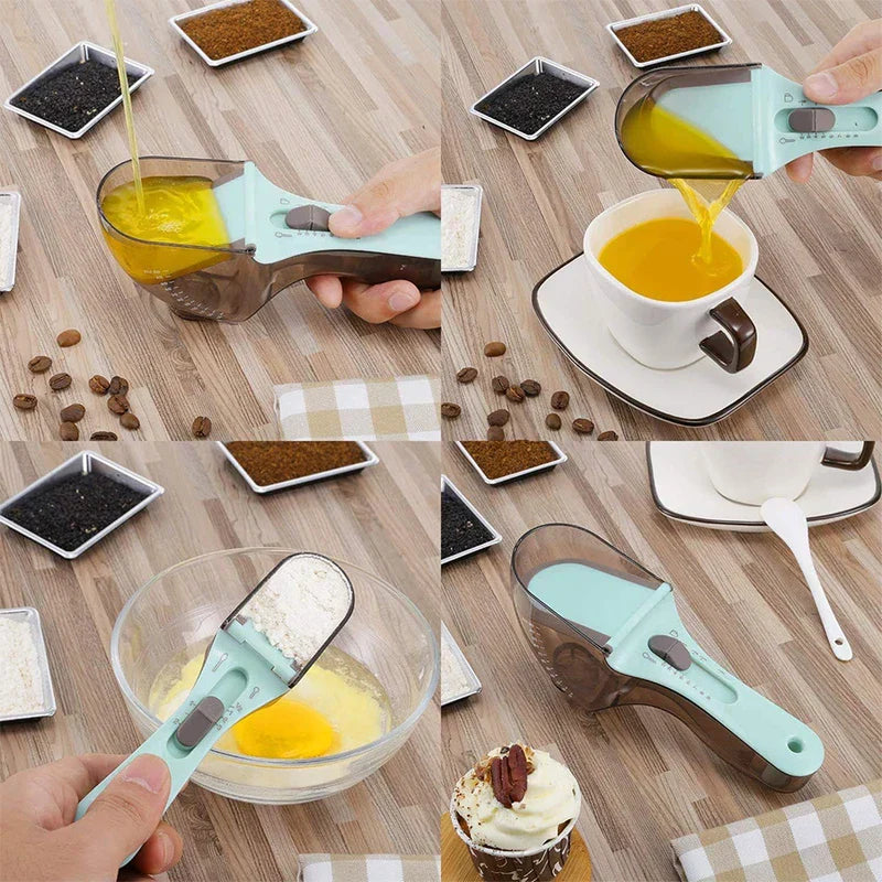 Herramienta de cocina: collage de cuatro paneles que demuestra las cucharas medidoras ajustables: vertiendo líquido, dispensando polvo en un bol, añadiendo líquido a una taza y una cuchara junto a una magdalena glaseada