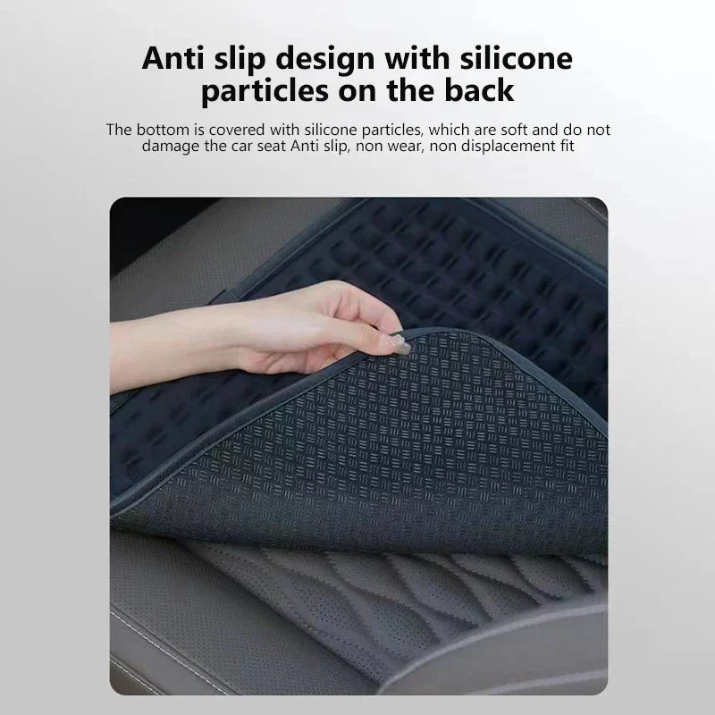 Memory Foam Car Seat Cushion - Hand lifting edge of seat pad to show silicone anti-slip backing on gray car seat