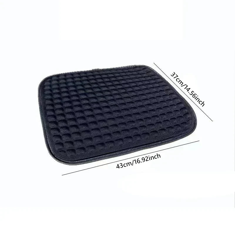 Memory Foam Car Seat Cushion - Black square cushioned seat pad with rounded corners, showing dimension labels of 43cm/16.92inch and 37cm/14.56inch on a white background
