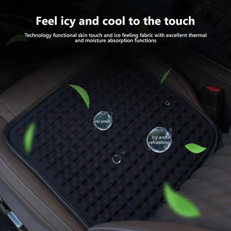 Memory Foam Car Seat Cushion - Black textured seat pad placed on a car seat, overlaid with text and bubble graphics indicating touch properties