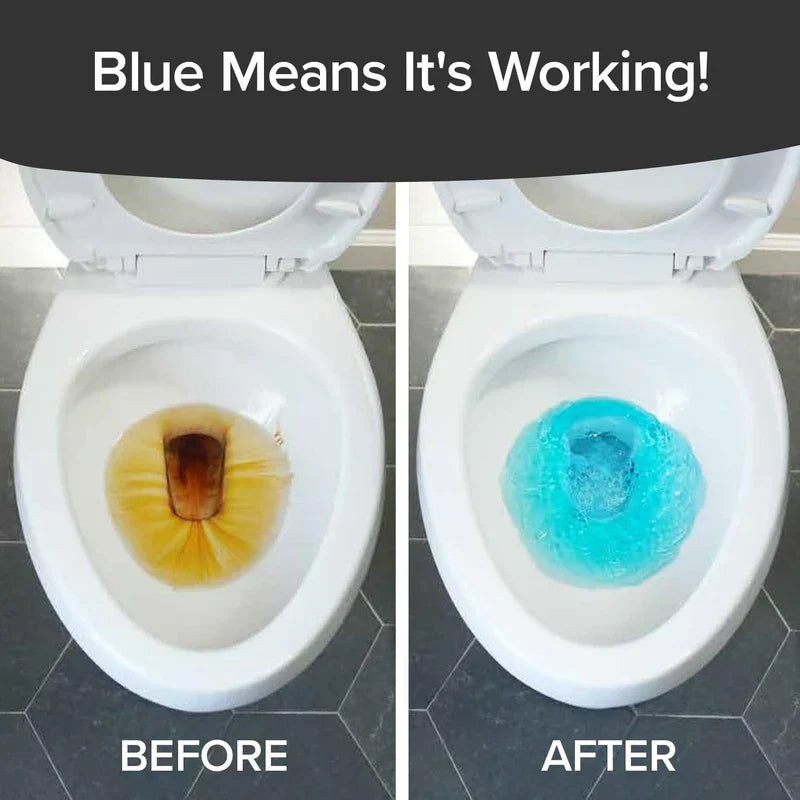 Automatic Toilet Bowl Cleaner - Side-by-side before and after comparison of a toilet bowl, showing stained yellow water before use and bright blue bubbly water after use